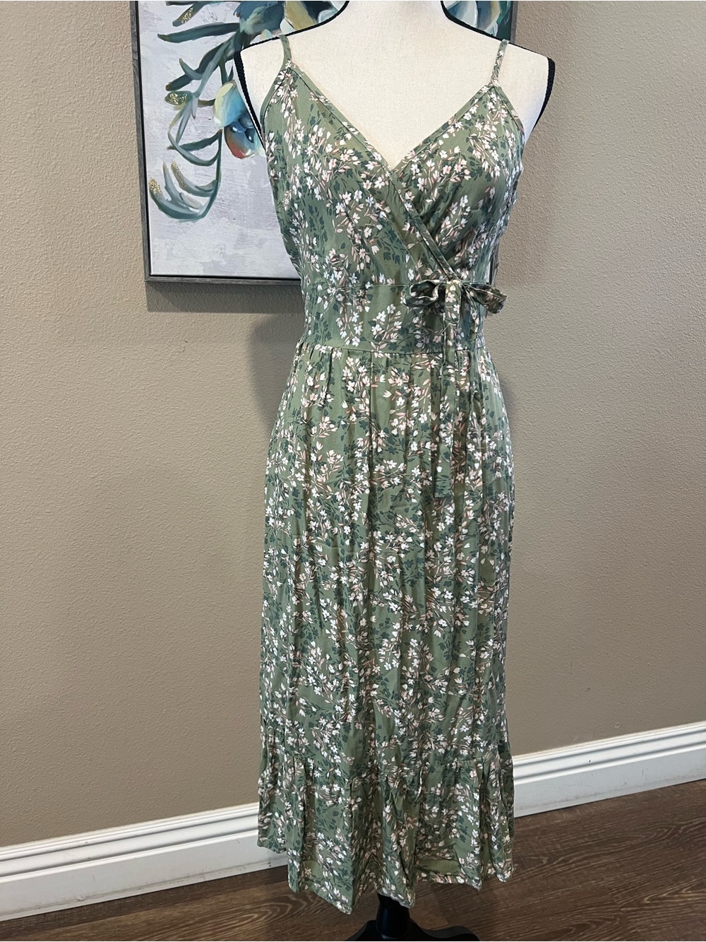 AUW Sage Green Floral Wrap-Front Midi Dress